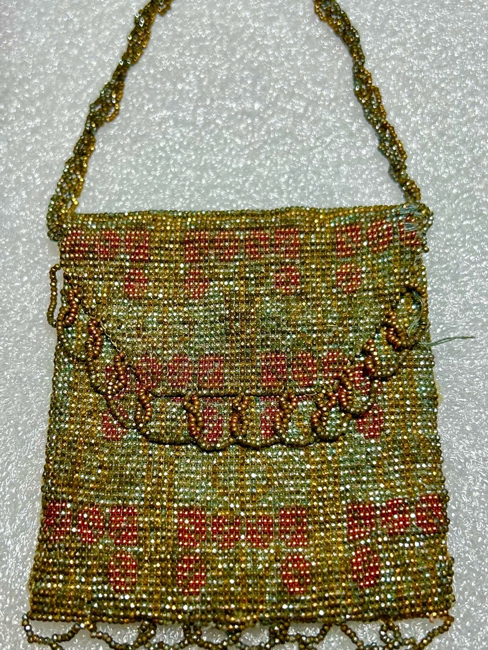 Vintage Made in France hand-beaded floral 1930'-1940's evening purse Satin Lined